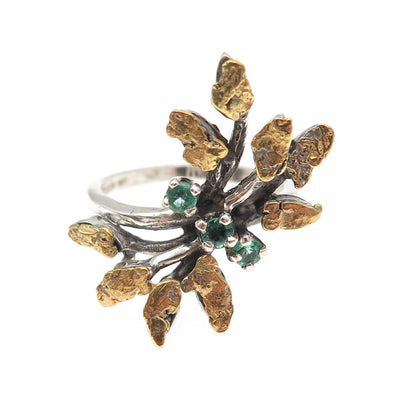 925 Sterling Silver 14K Gold Vintage Real Emerald Modernist Ring Size 6