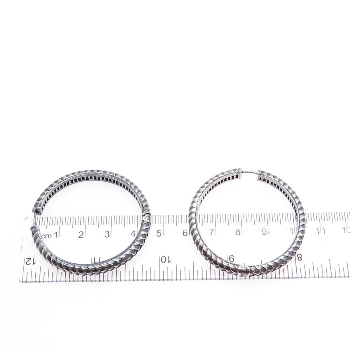 925 Sterling Silver Vintage Modernist Wheat Link Oxidized Hoop Earrings