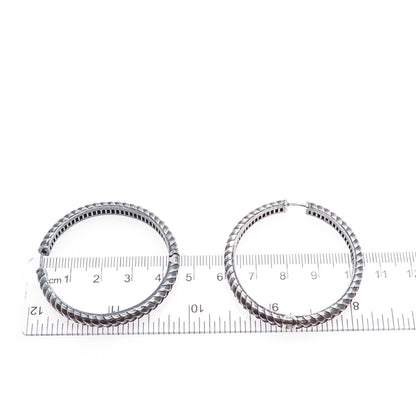 925 Sterling Silver Vintage Modernist Wheat Link Oxidized Hoop Earrings