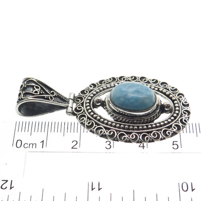 925 Sterling Silver Vintage Real Larimar Gemstone Boho Ornate Pendant