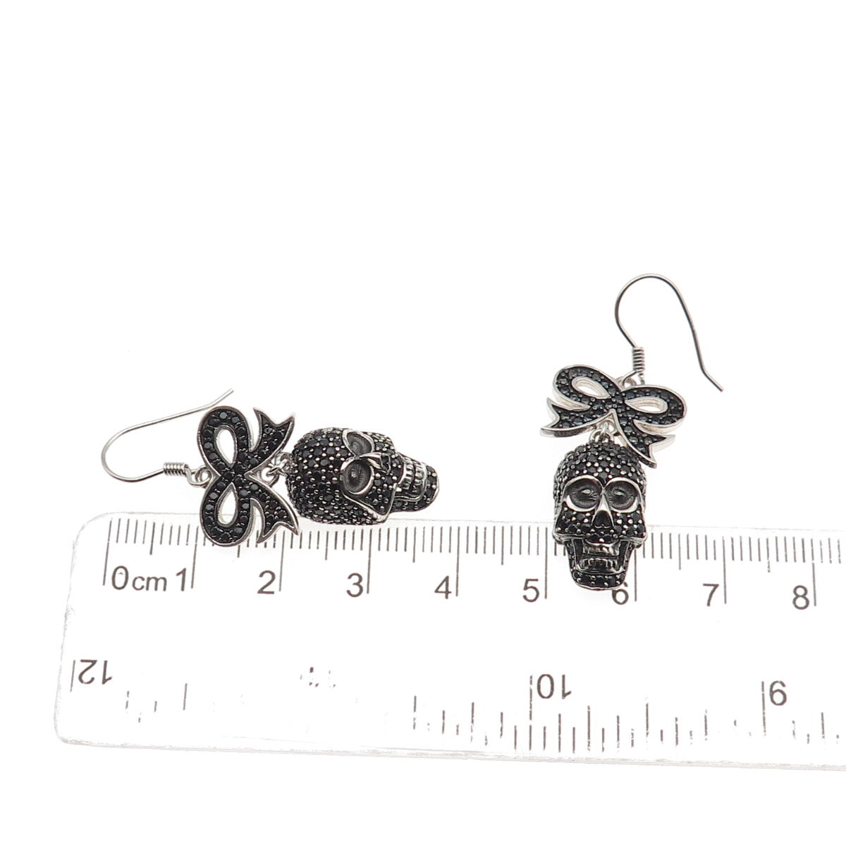 925 Sterling Silver Real Round-Cut Black Spinel Skull & Bow Dangle Earrings