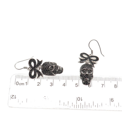 925 Sterling Silver Real Round-Cut Black Spinel Skull & Bow Dangle Earrings