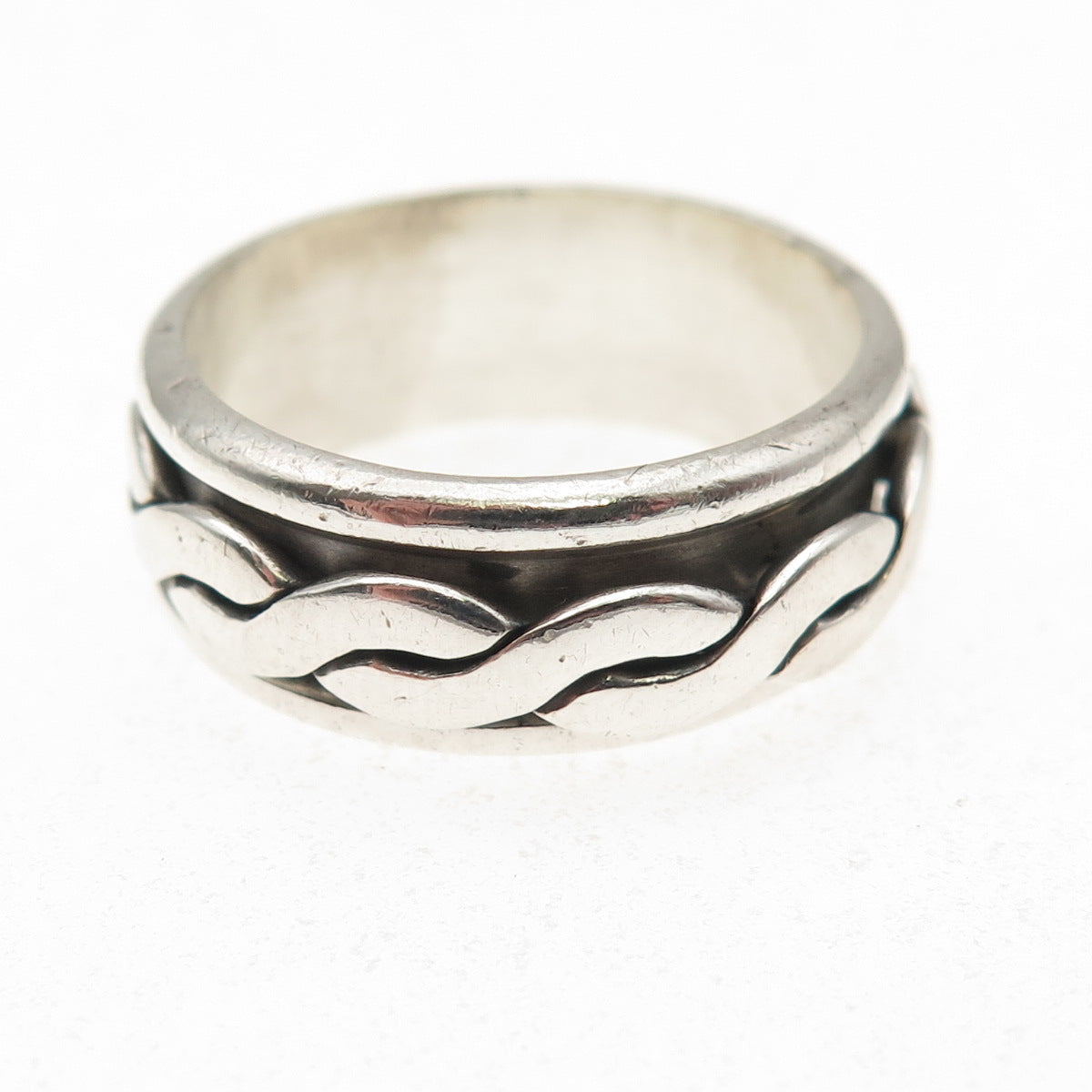 925 Sterling Silver Vintage Mexico Woven Rotating Band Ring Size 10.25