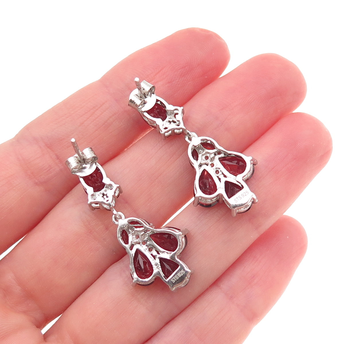 Chuck Clemency 925 Sterling Silver Real Red Garnet & White Topaz Dangle Earrings