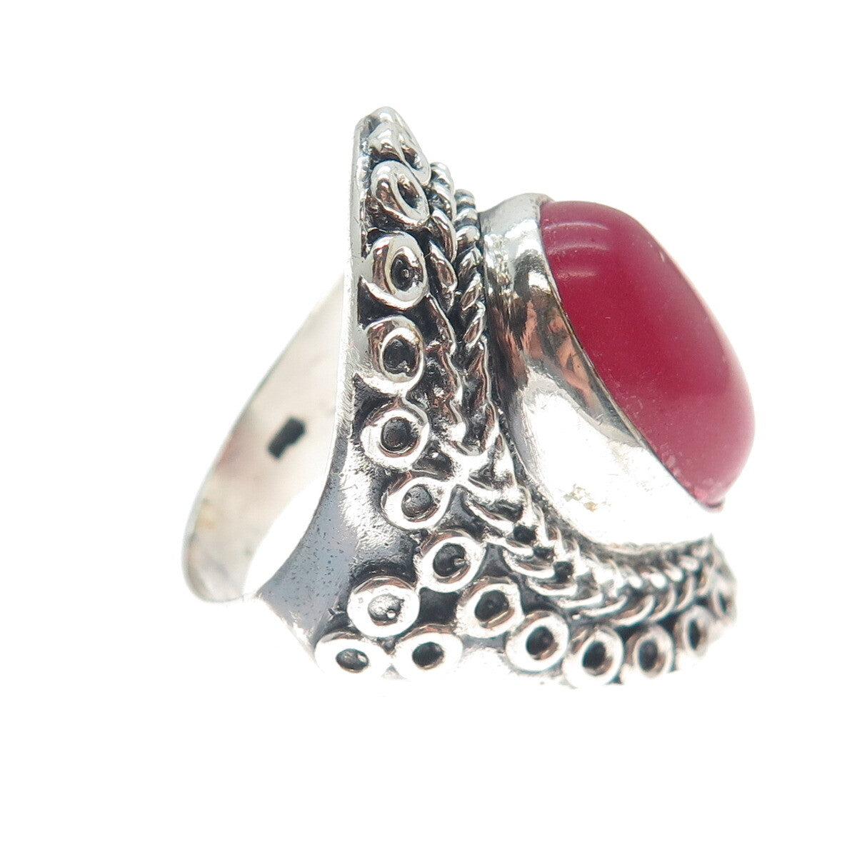 925 Sterling Silver Vintage Real Rhodonite Circle Link Oxidized Ring Size 8.75