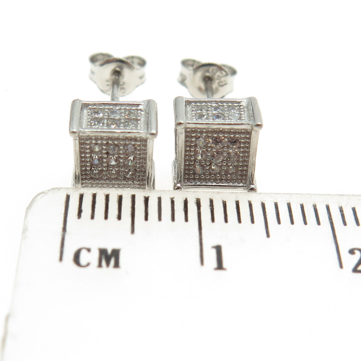 925 Sterling Silver Pave C Z Square Stud Earrings