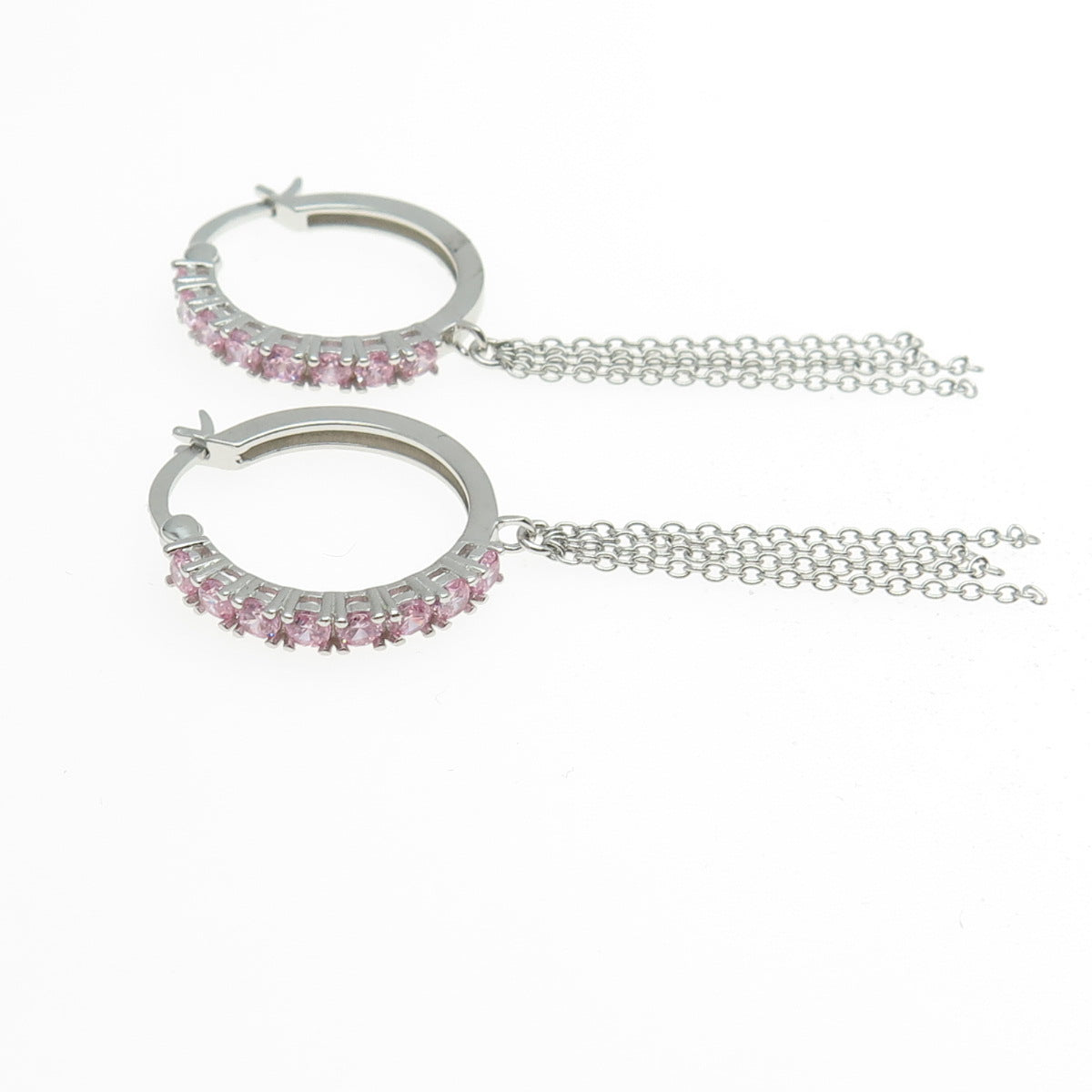 925 Sterling Silver Round-Cut Pink C Z Tassel Hoop Earrings