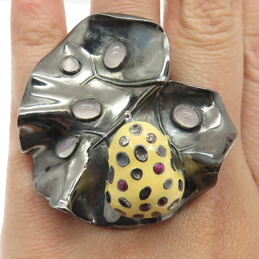 925 Sterling Vintage Black Rhodium Enamel Diamond Ruby Amethyst Frog Ring Size 7