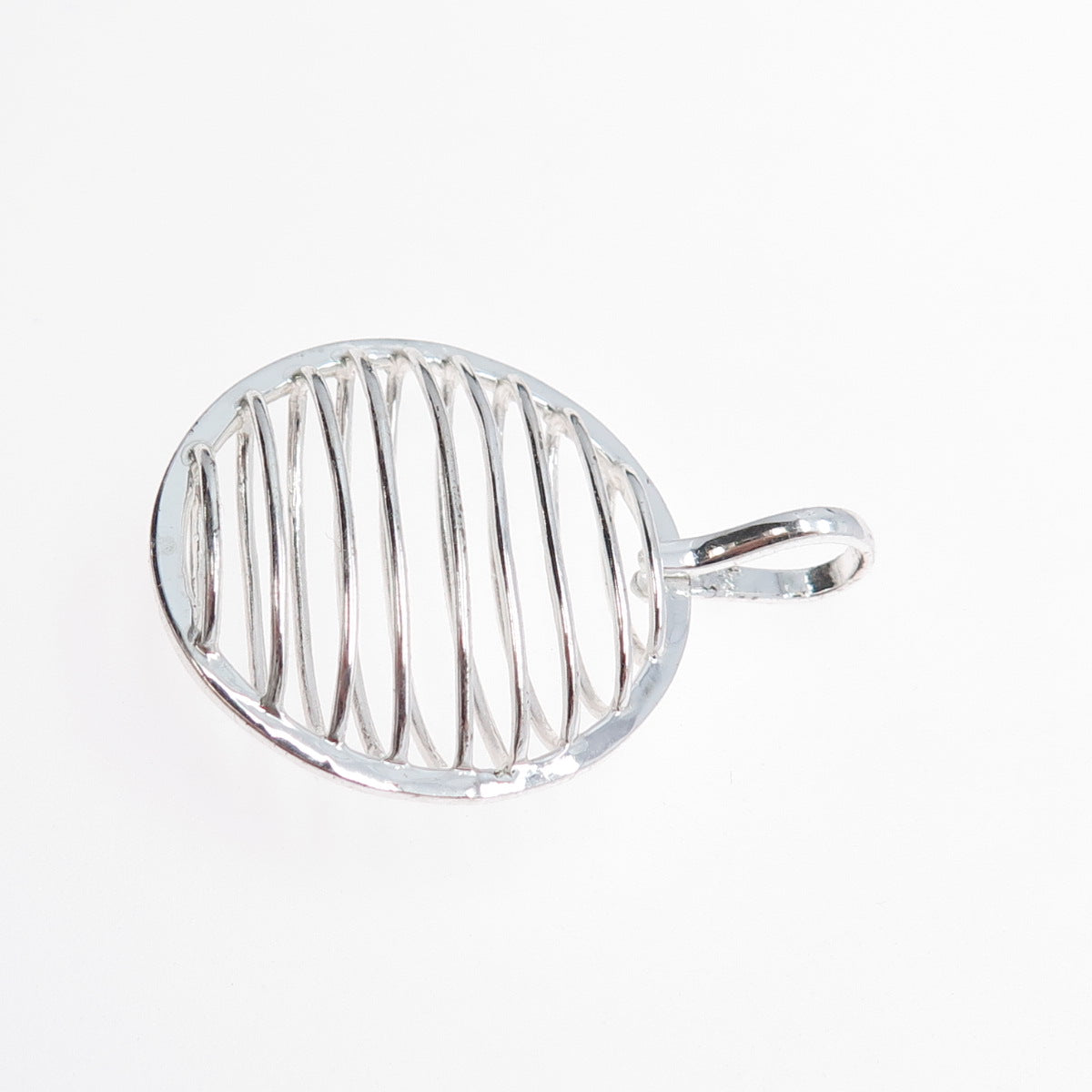HAN 925 Sterling Silver Vintage Modernist Ribbed Caged Moon Pendant