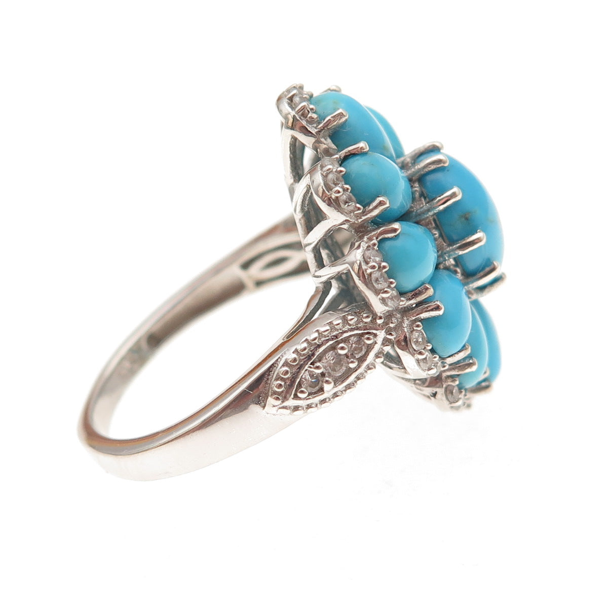 Chuck Clemency 925 Sterling Silver Real Turquoise White Topaz Floral Ring Size 8