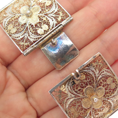 800 Silver Gold Plated Antique Italy Flower Filigree Panel Link Bracelet 7.25"