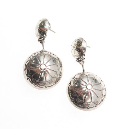 Jerry Cowboy Navajo Old Pawn 925 Sterling Silver Vintage Concho Dangle Earrings
