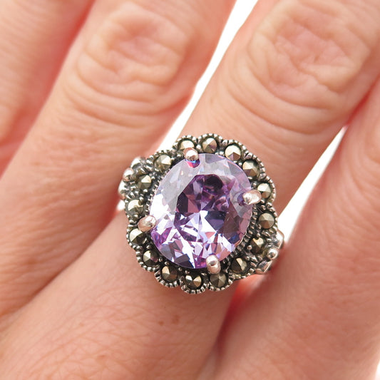 Charles Winston 925 Sterling Vintage Real Marcasite Lavender C Z Ring Size 6.75