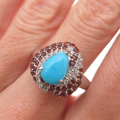 Chuck Clemency Sterling Silver Real Turquoise Garnet White Topaz Ring Size 8.25