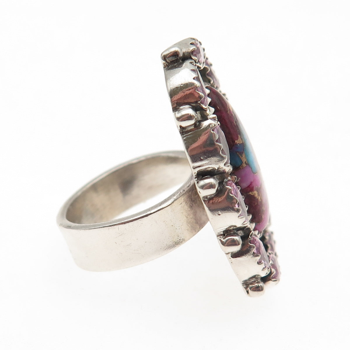 925 Sterling Vintage Real Pink Spiny Oyster Turquoise C Z Adjustable Ring Size 8
