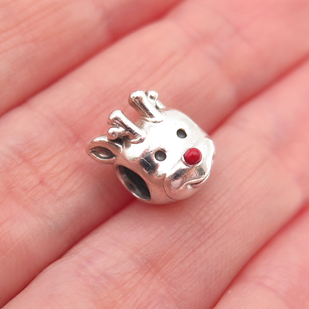 PANDORA 925 Sterling Silver Enamel Red-Nosed Reindeer Slide Bead Charm