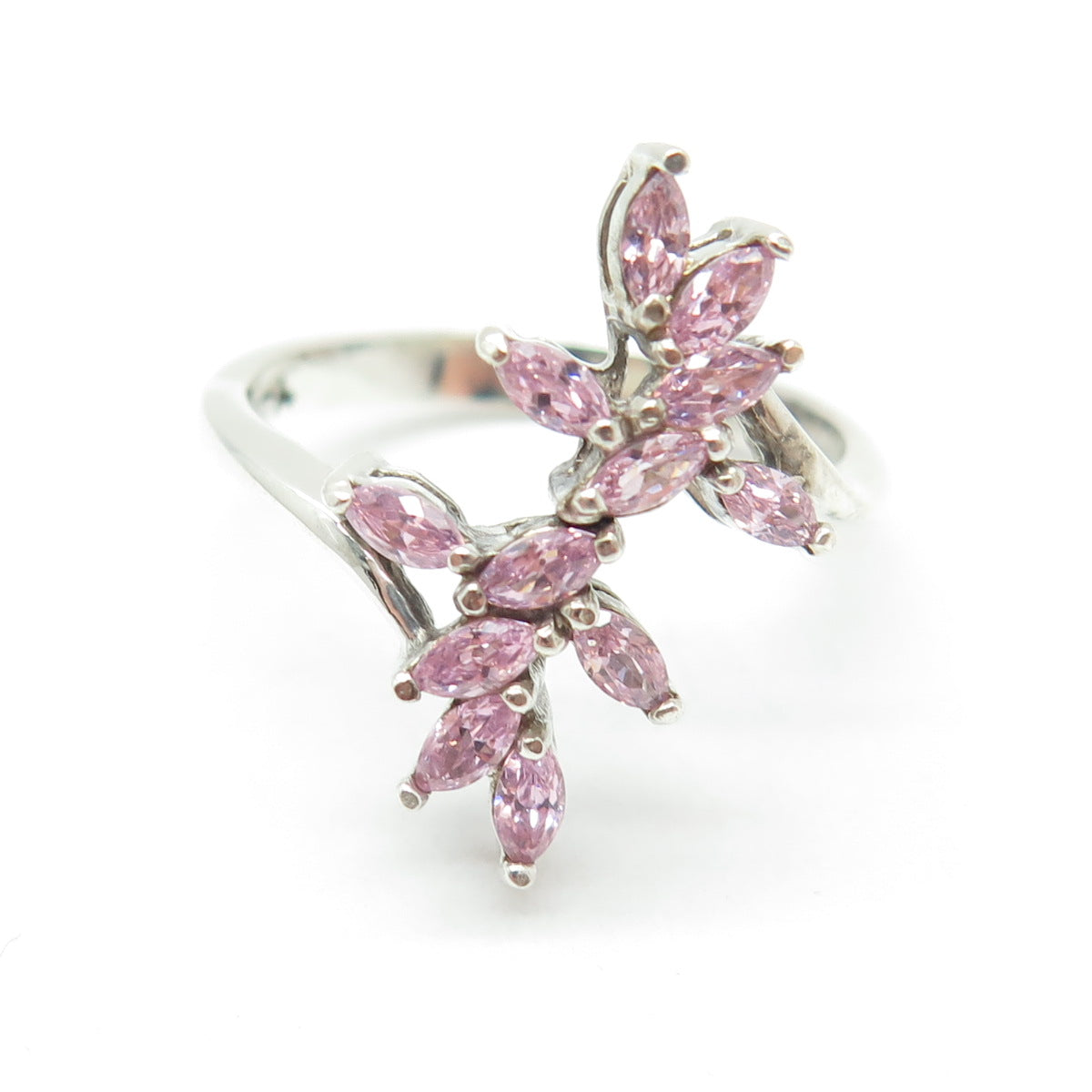 925 Sterling Silver Marquise-Cut Pink C Z Bypass Ring Size 10