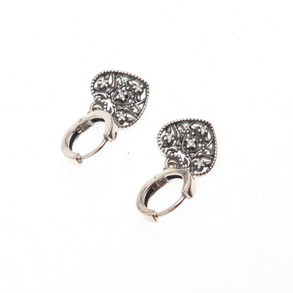925 Sterling Silver Vintage C Z Heart Oxidized Dangle Earrings
