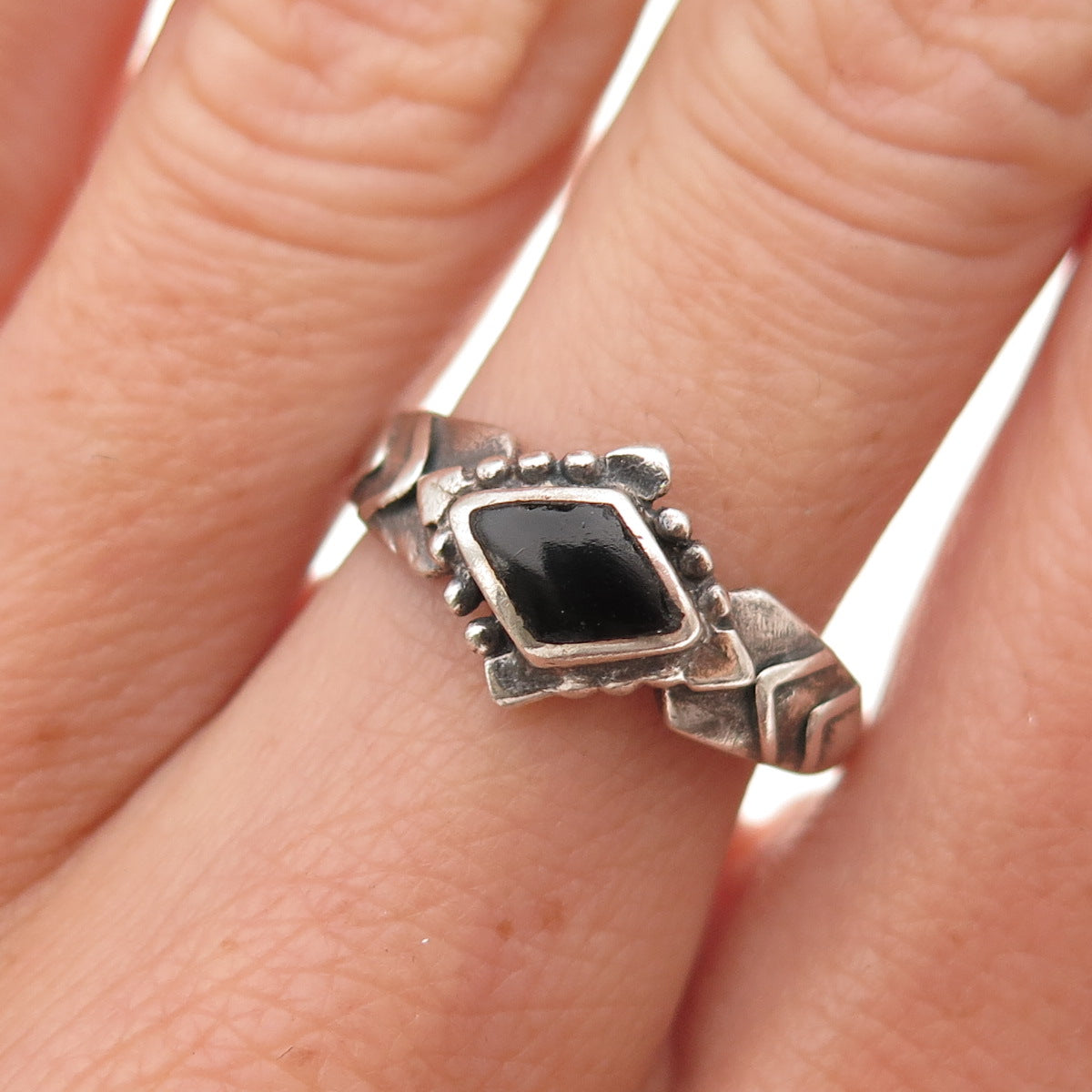 925 Sterling Silver Vintage Real Black Onyx Oxidized Ring Size 8.25
