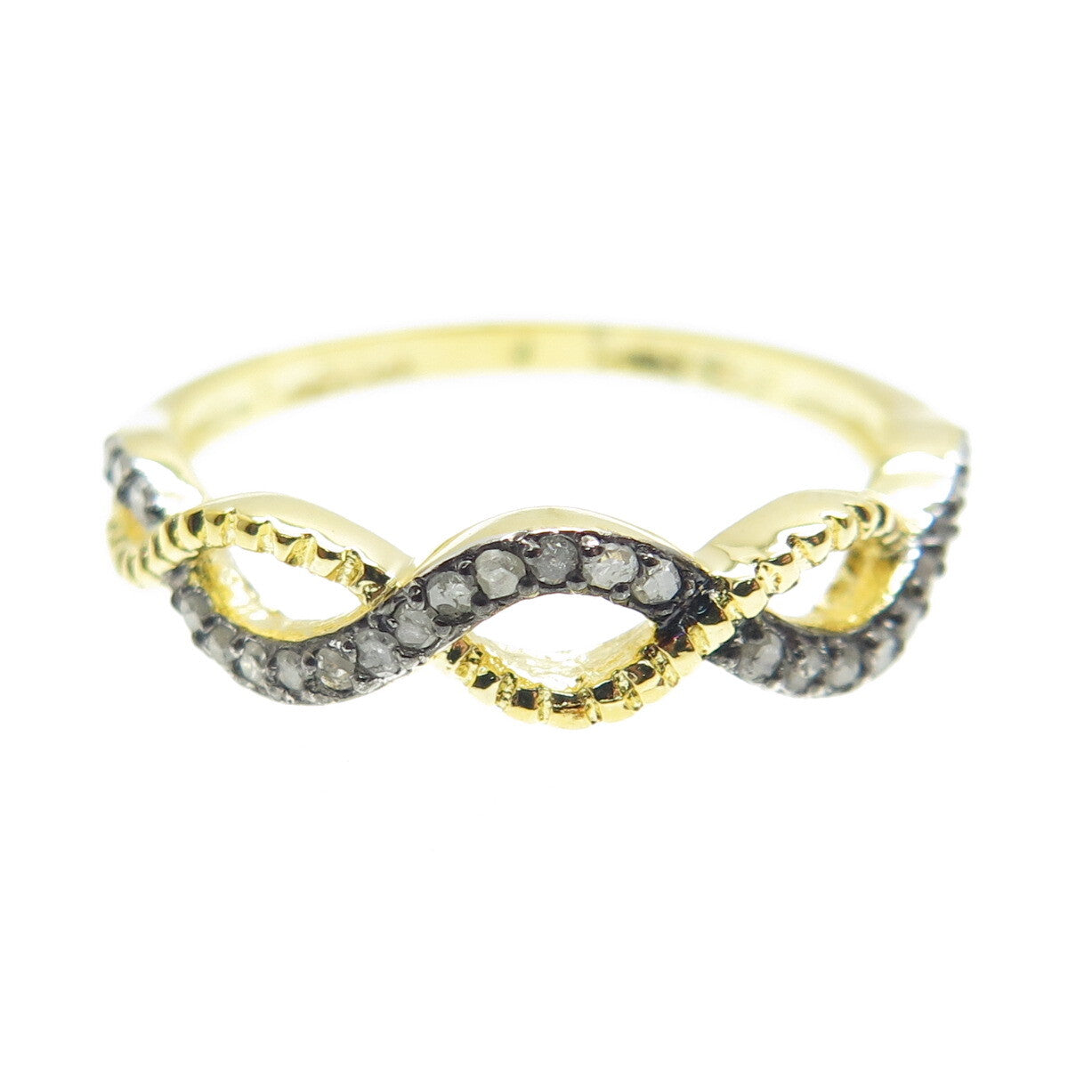 925 Sterling Silver Gold Plated Real Round-Cut Diamond Woven Ring Size 7