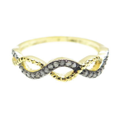 925 Sterling Silver Gold Plated Real Round-Cut Diamond Woven Ring Size 7