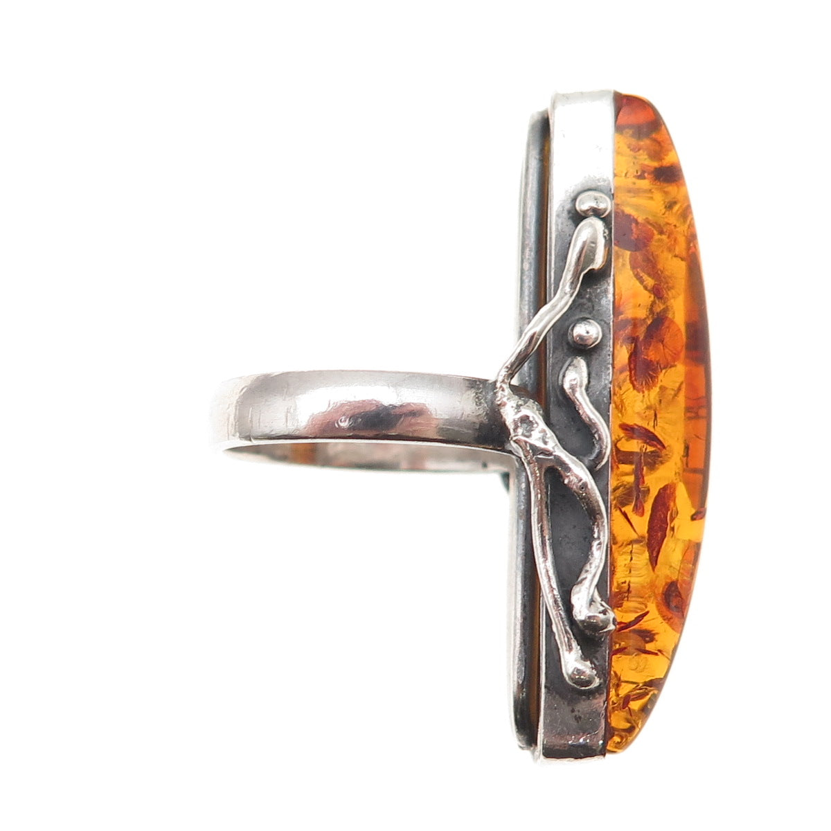 925 Sterling Silver Vintage Real Amber Modernist Oxidized Ring Size 6.5