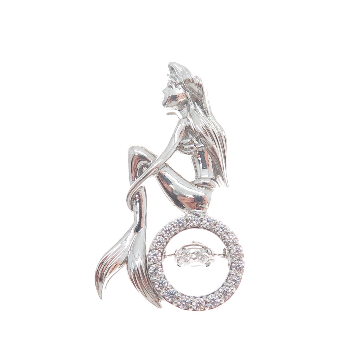 925 Sterling Silver Round-Cut C Z Ariel Mermaid Charm Slide Pendant