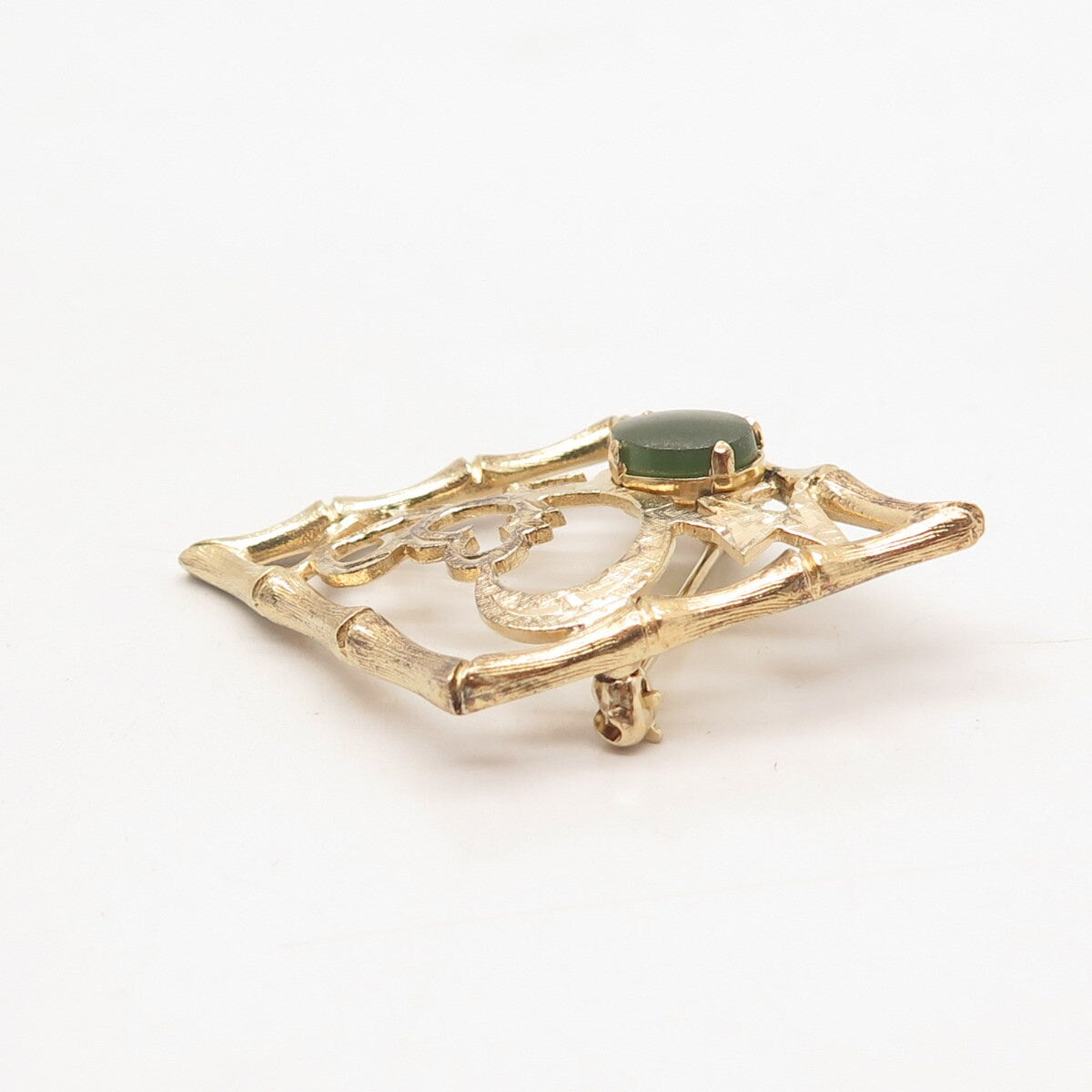 925 Sterling Silver Vintage Gold Plated Wells Real Jade Gem Ornate Pendant