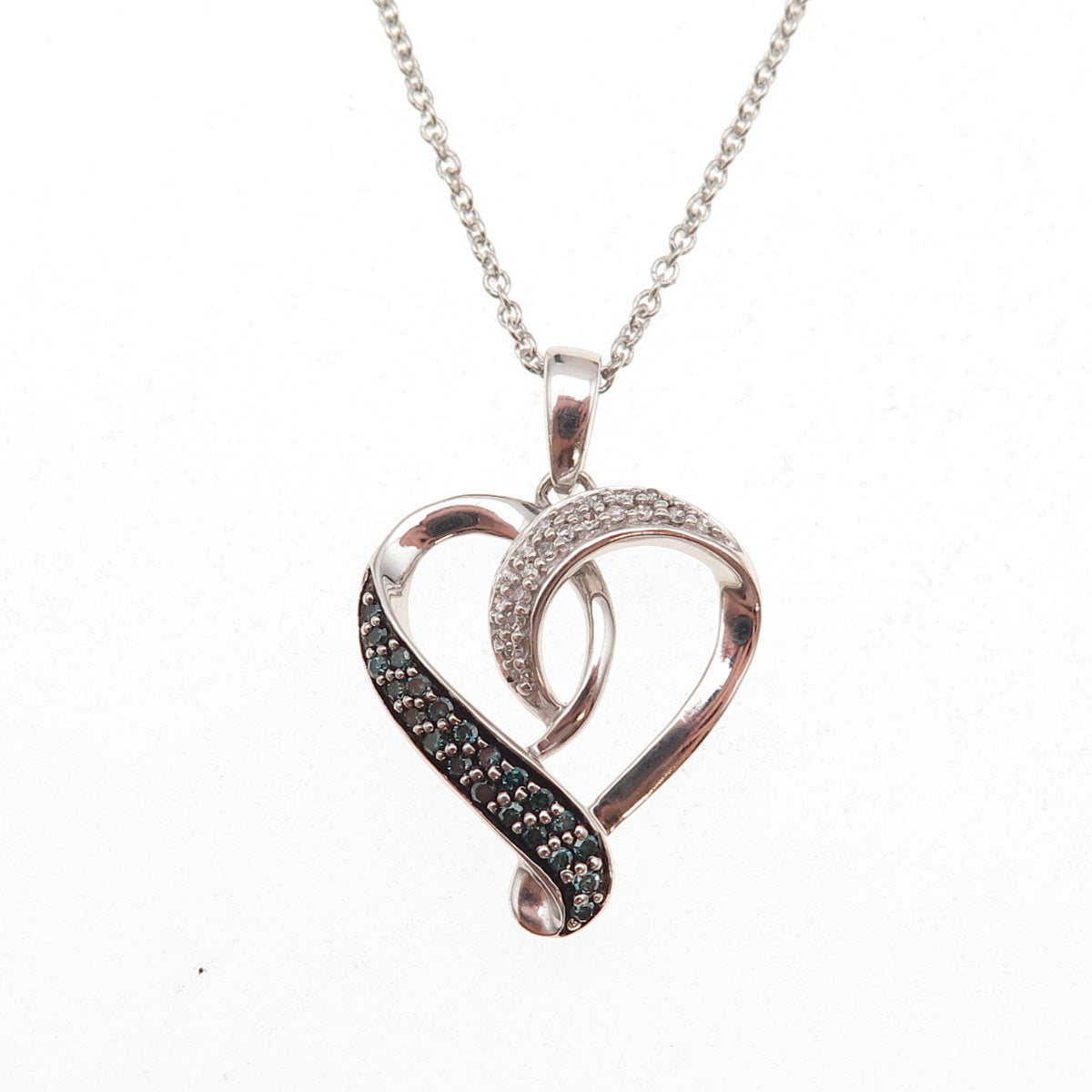 925 Sterling Silver Real Blue & White Diamond Heart Cable Chain Necklace 18"
