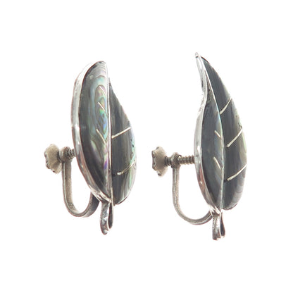 925 Sterling Silver Vintage Mexico Abalone Shell Floral Leaf Screw Back Earrings