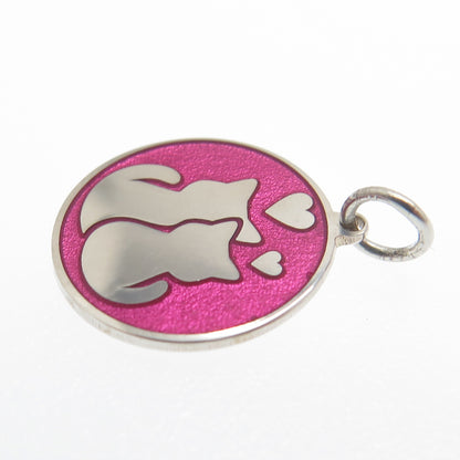 925 Sterling Silver Pink Enamel Cat Couple Round Tag Minimalist Charm Pendant