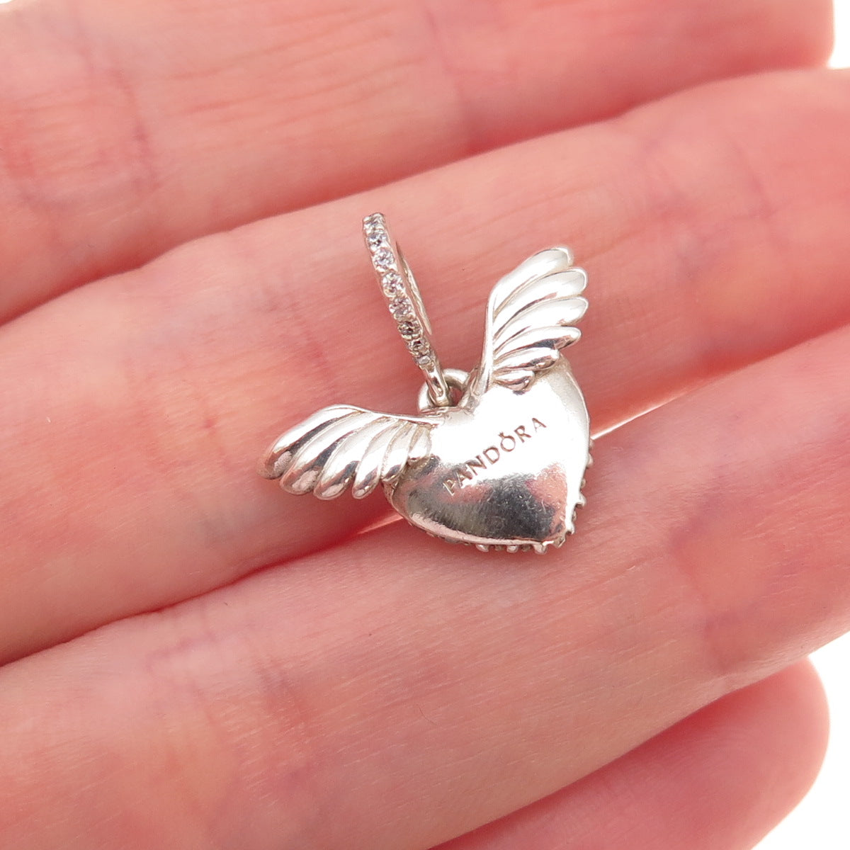 Pandora 925 Sterling Silver C Z Heart & Angel Wings Charm Pendant