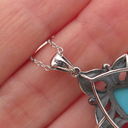 925 Sterling Silver Real Tyrone Turquoise Floral Cable Chain Necklace 18"