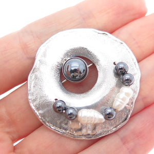 NINOS CHAMMO 925 Sterling Vintage Real Hematite Pearl Pin Brooch / Slide Pendant