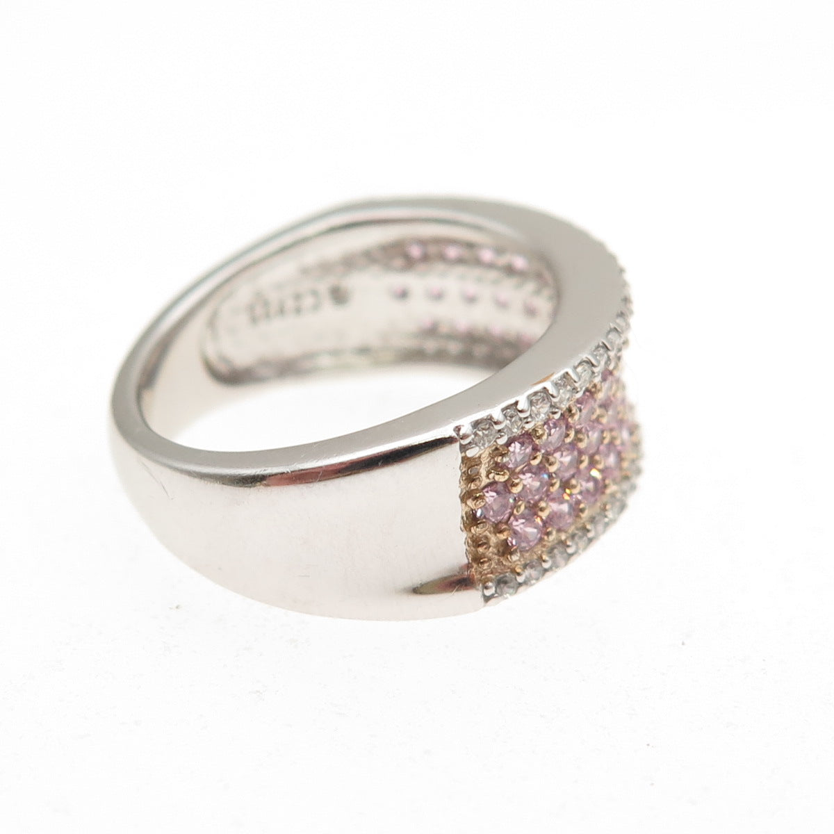 925 Sterling Silver 2-Tone Round-Cut Pink & White C Z Ring Size 5.25