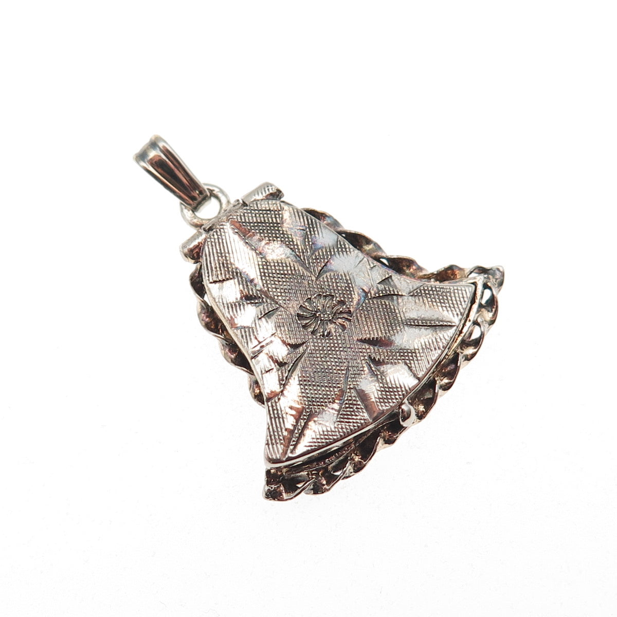 925 Sterling Silver Vintage Engraved Floral Locket Bell Oxidized Charm Pendant
