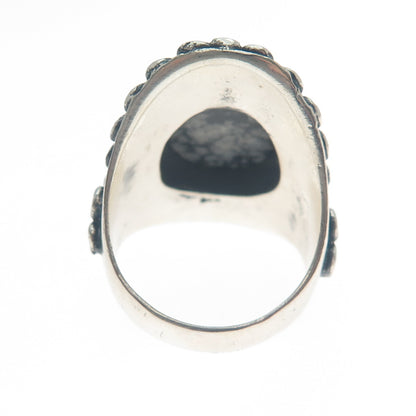 925 Sterling Silver Vintage Snowflake Obsidian Circle Link Oxidized Ring Size 9
