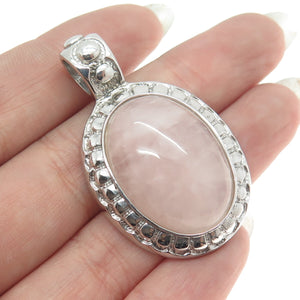 925 Sterling Silver Vintage Real Cabochon Rose Quartz Oval Pendant