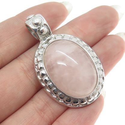 925 Sterling Silver Vintage Real Cabochon Rose Quartz Oval Pendant