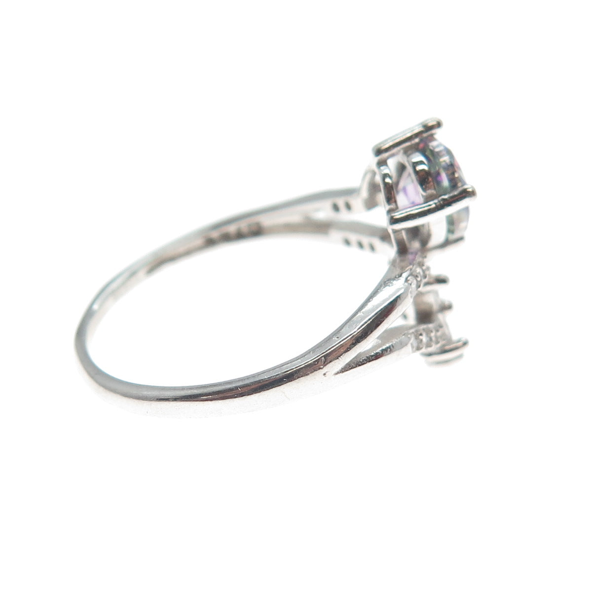 925 Sterling Silver Real Mystic Topaz & C Z Flower Bypass Ring Size 8.25
