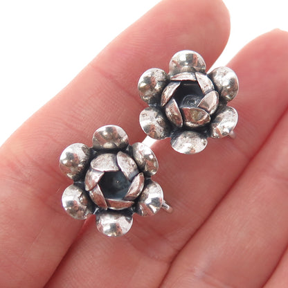 BEAU 925 Sterling Silver Antique Art Deco Rose Oxidized Screw Back Earrings