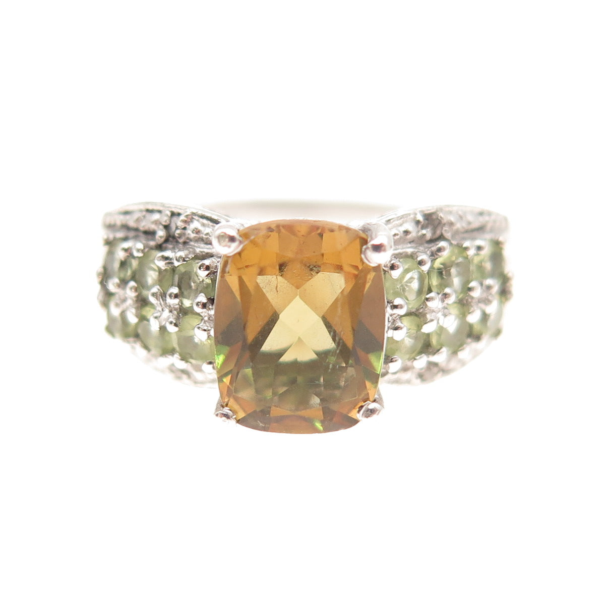 925 Sterling Silver Real Diamond Accent Titanite & Peridot Ring Size 7