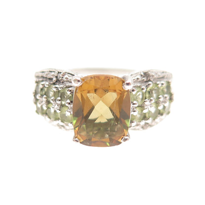 925 Sterling Silver Real Diamond Accent Titanite & Peridot Ring Size 7