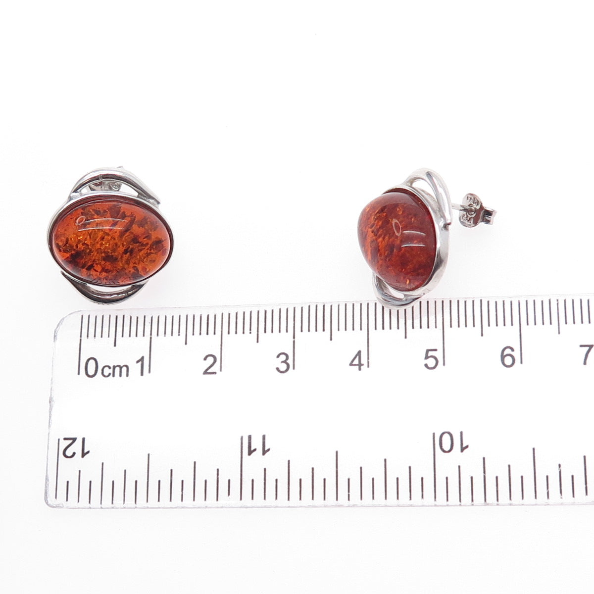 925 Sterling Silver Vintage Real Amber Modernist Earrings