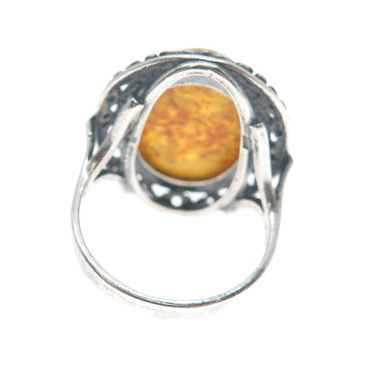 925 Sterling Silver Vintage Poland Real Baltic Amber Modernist Ring Size 8.25