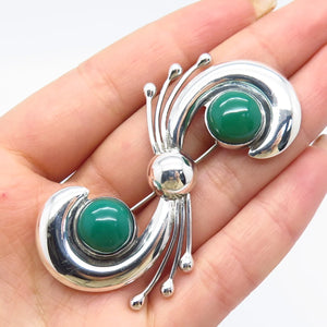 925 Sterling Silver Vintage Mexico Real Green Onyx Gemstone Pin Brooch