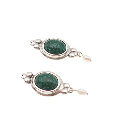 Coleman Co. Sterling Silver Vintage Real Malachite Inlay & Pearl Jacket Earrings