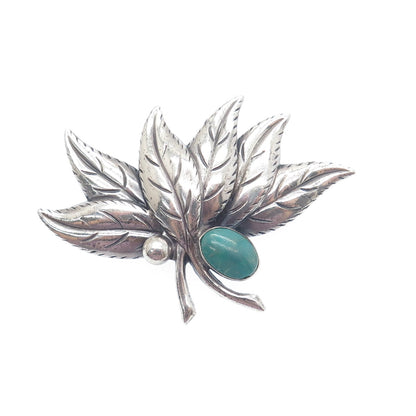 925 Sterling Silver Vintage Real Kingman Turquoise Floral Leaf Oxidized Brooch