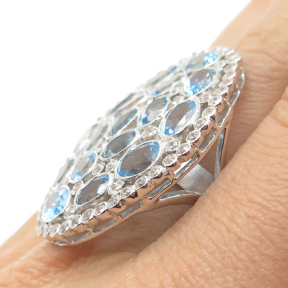 925 Sterling Silver Real Oval-Cut Blue Round-Cut White Topaz Cluster Ring Size 7