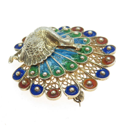 800 Silver Gold Plated Vintage Italy Enamel Peacock Bird Filigree Pin Brooch